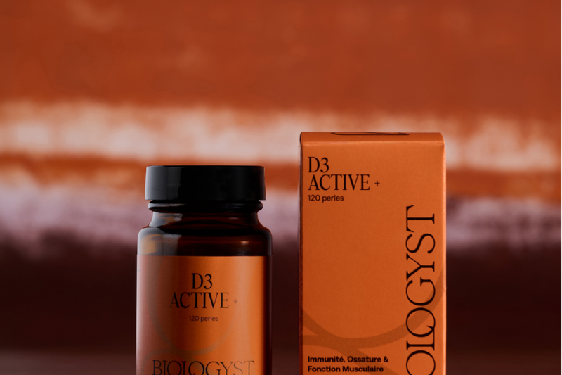 Flacon et étui D3 Active+ de Biologyst, perles de vitamine D3