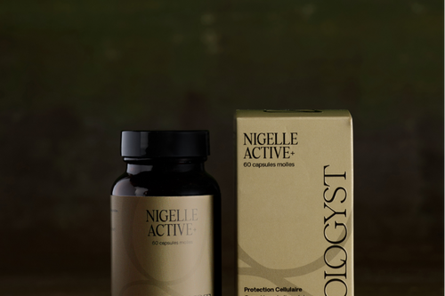 Flacon et étui Nigelle Active+ de Biologyst, capsules d'huile de nigelle posées sur une table en bois