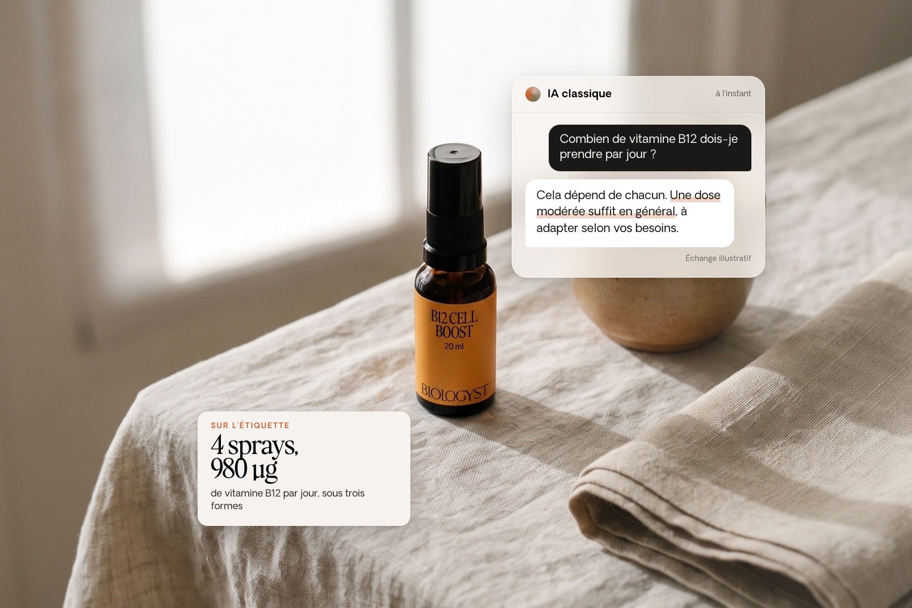 Flacon B12 Cell Boost sur une nappe en lin, avec une fenêtre de discussion d'IA classique qui répond « une dose modérée suffit en général » et l'étiquette qui indique 4 sprays et 980 µg de vitamine B12 par jour