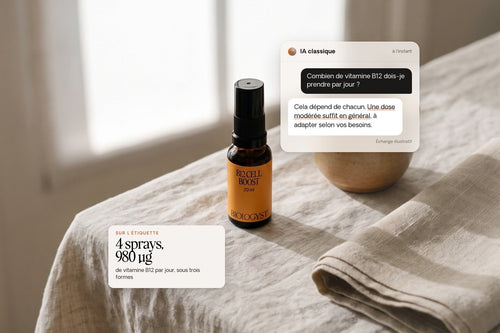 Flacon B12 Cell Boost sur une nappe en lin, avec une fenêtre de discussion d'IA classique qui répond « une dose modérée suffit en général » et l'étiquette qui indique 4 sprays et 980 µg de vitamine B12 par jour
