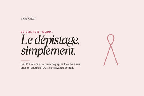 Ruban dessiné au trait sur fond rose poudré, titre Octobre rose, le dépistage simplement