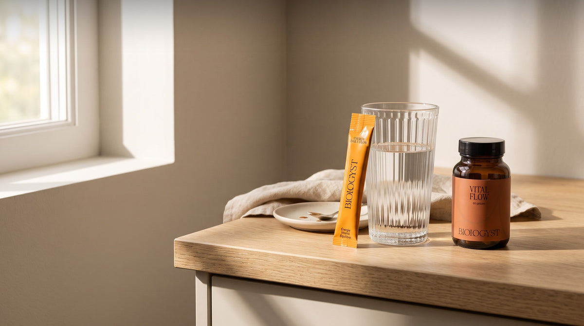 Un stick Energy Daily Flow appuyé contre un verre d'eau, à côté d'un pilulier Vital Flow, au soleil du matin