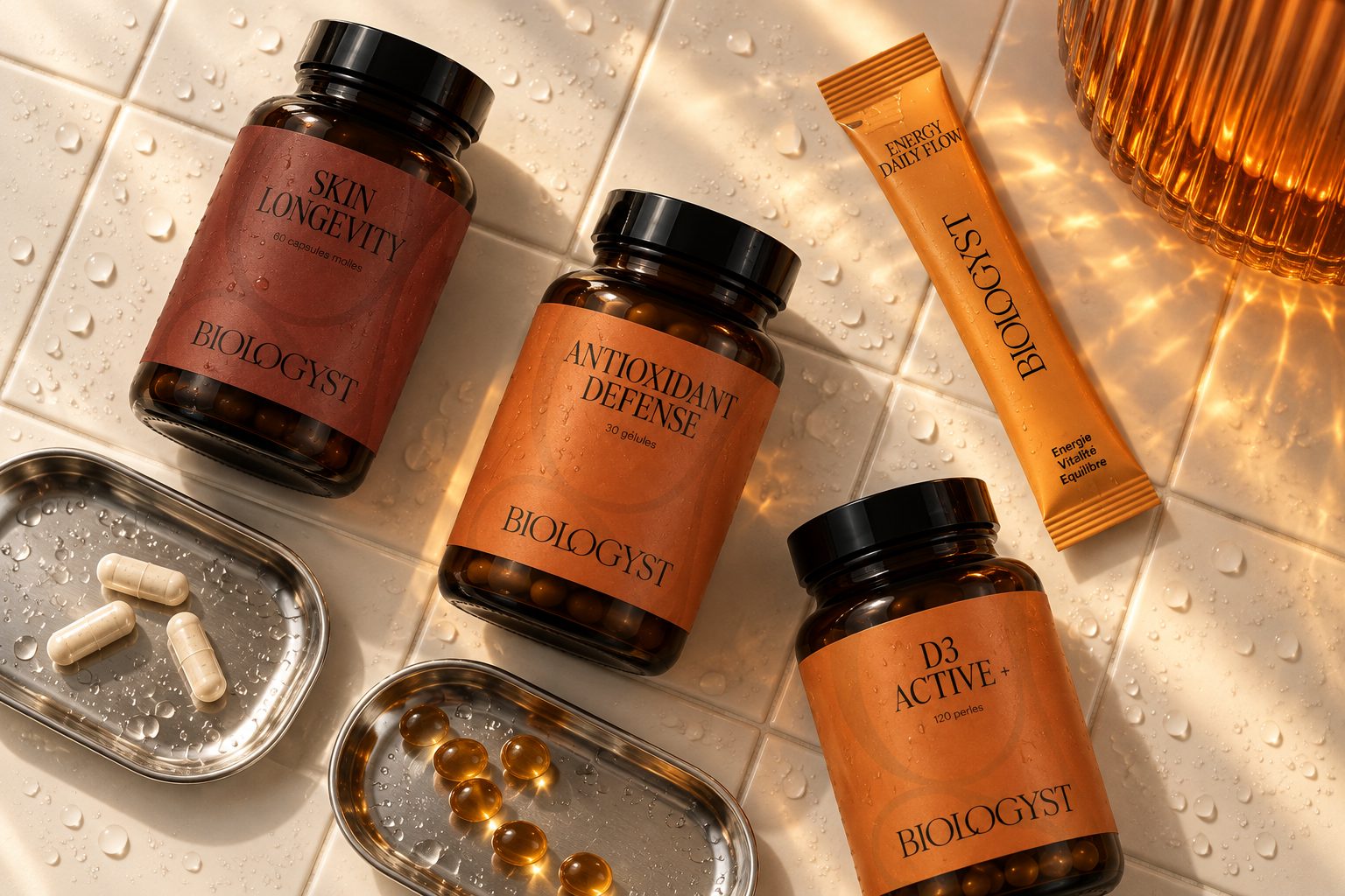 Trois piluliers ambrés Skin Longevity, Antioxidant Defense et D3 Active+ et un stick Energy Daily Flow sur un carrelage crème au soleil